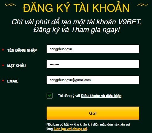 Điền thông tin đăng ký tài khoản V9bet